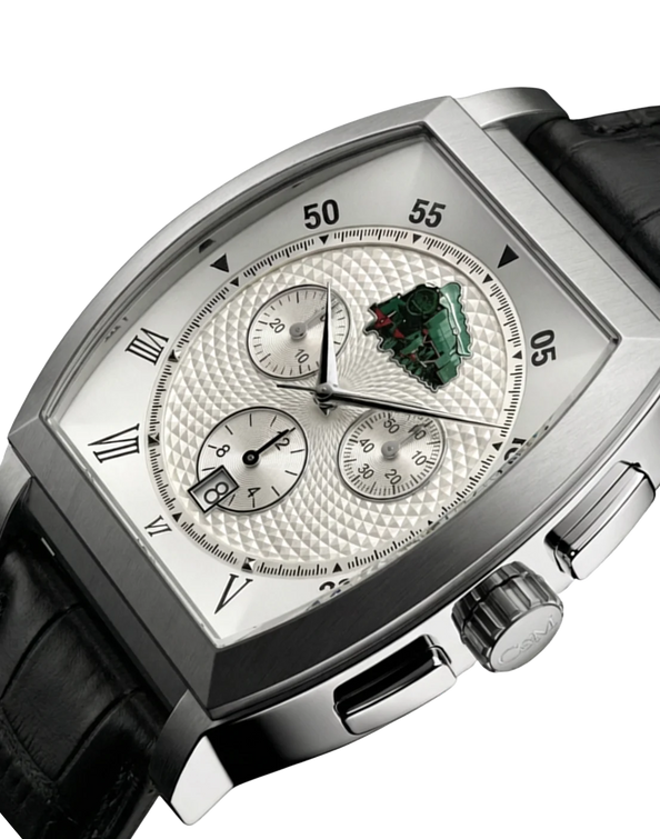 montre commemorative locomotive type 29 013 vue de profil boitier argente quartz mouvement suisse hommage aux cheminots et au rail avec un bracelet en cuir noir
