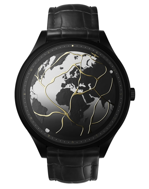montre resilience 2020 vue de face quartz mouvement suisse bracelet cuir noir hommage aux epreuves de la vie et a l art du kintsugi