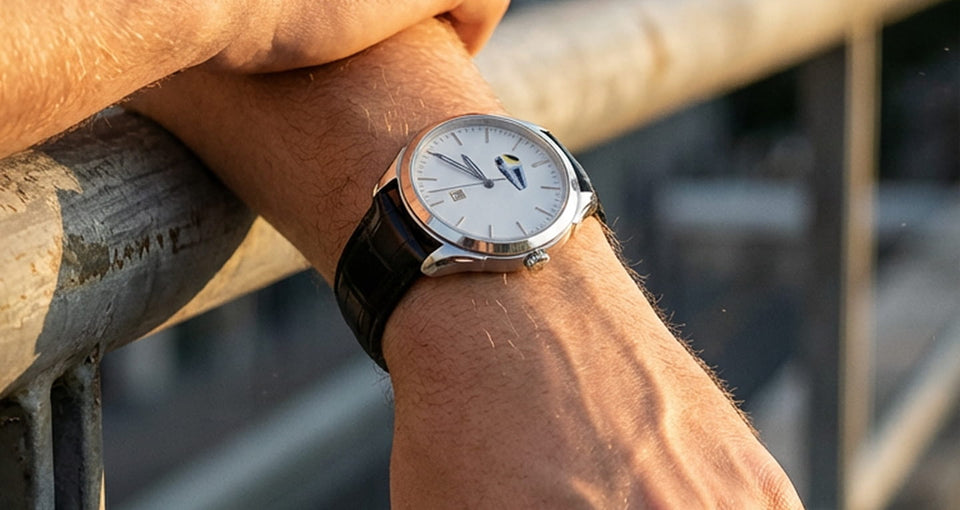 Montre commémorative Type 13 inspirée du rail belge scène de shooting photo artistique montre portée par un homme