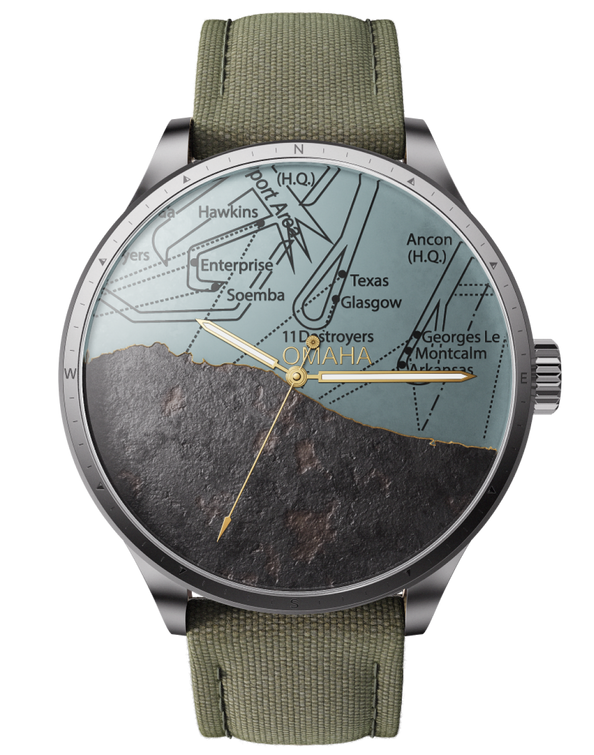 montre dday debarquement de normandie vue de face bracelet nato vert cadran casque mouvement sellita seconde guerre mondiale