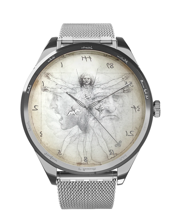 montre homme de vitruve leonard de vinci femme argent bracelet maille milanaise mouvement suisse inverse