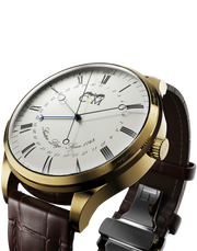 montre commemorative hommage a hubert sarton inventeur du mouvement automatique mouvement suisse bracelet cuir brun vue de profil
 