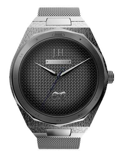 montre johnny hallyday femme boitier argent bracelet maille milanaise avec veste en cuir commemorative