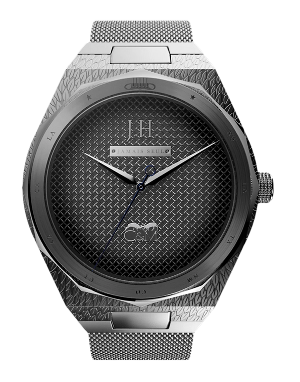 montre johnny hallyday femme boitier argent bracelet maille milanaise avec veste en cuir commemorative