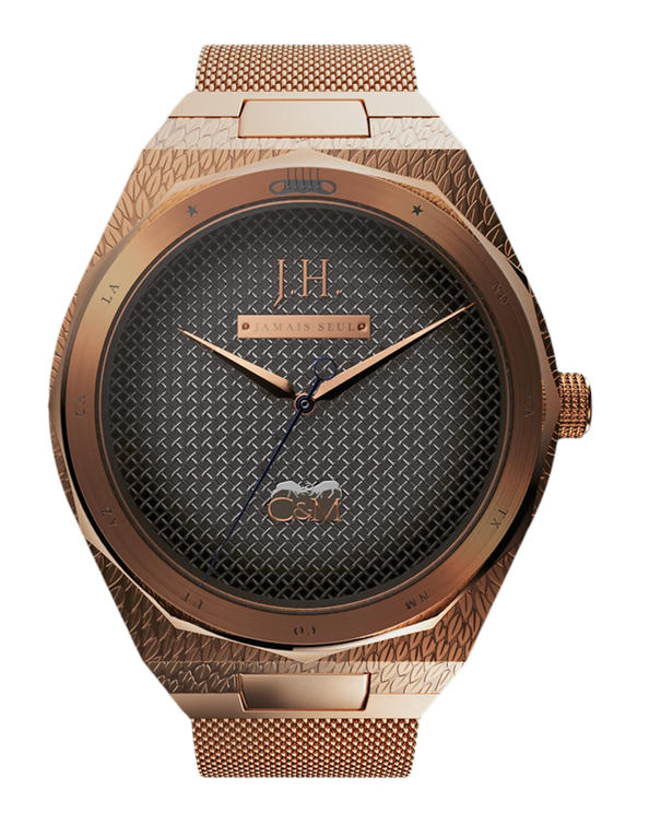 montre johnny hallyday femme boitier or rose bracelet maille milanaise avec veste en cuir commemorative