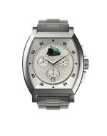 montre commemorative locomotive type 29 013 vue de face boitier argente quartz mouvement suisse hommage aux cheminots et au rail avec un bracelet en acier
