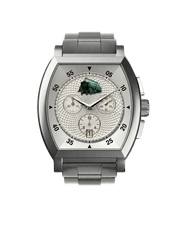 montre commemorative locomotive type 29 013 vue de face boitier argente quartz mouvement suisse hommage aux cheminots et au rail avec un bracelet en acier
