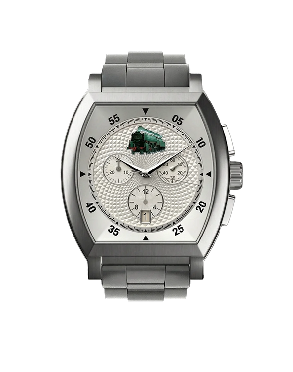montre commemorative locomotive type 29 013 vue de face boitier argente quartz mouvement suisse hommage aux cheminots et au rail avec un bracelet en acier
