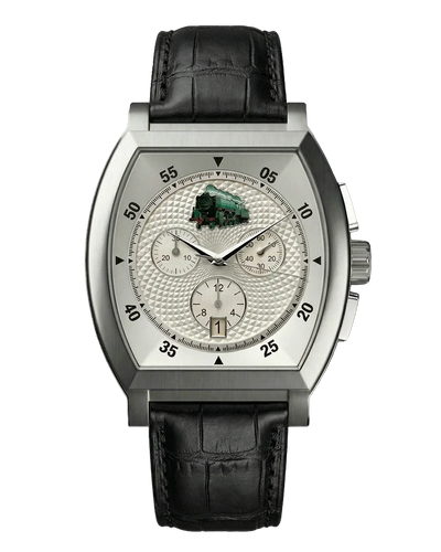 montre commemorative locomotive type 29 013 vue de face boitier argente quartz mouvement suisse hommage aux cheminots et au rail avec un bracelet en cuir noir

