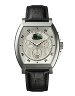 montre commemorative locomotive type 29 013 vue de face boitier argente quartz mouvement suisse hommage aux cheminots et au rail avec un bracelet en cuir noir
