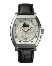 montre commemorative locomotive type 29 013 vue de face boitier argente quartz mouvement suisse hommage aux cheminots et au rail avec un bracelet en cuir noir
