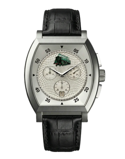 montre commemorative locomotive type 29 013 vue de face boitier argente quartz mouvement suisse hommage aux cheminots et au rail avec un bracelet en cuir noir
