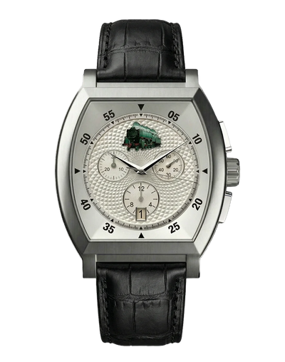 montre commemorative locomotive type 29 013 vue de face boitier argente quartz mouvement suisse hommage aux cheminots et au rail avec un bracelet en cuir noir
