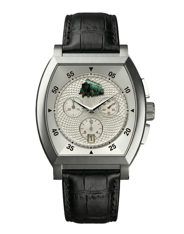 montre commemorative locomotive type 29 013 vue de face boitier argente quartz mouvement suisse hommage aux cheminots et au rail avec un bracelet en cuir noir
