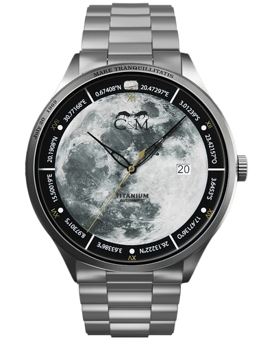 montre lune avec fragment de meteorite en titane vue de face bracelet titane hommage a apollo 11 et a l exploration spatiale